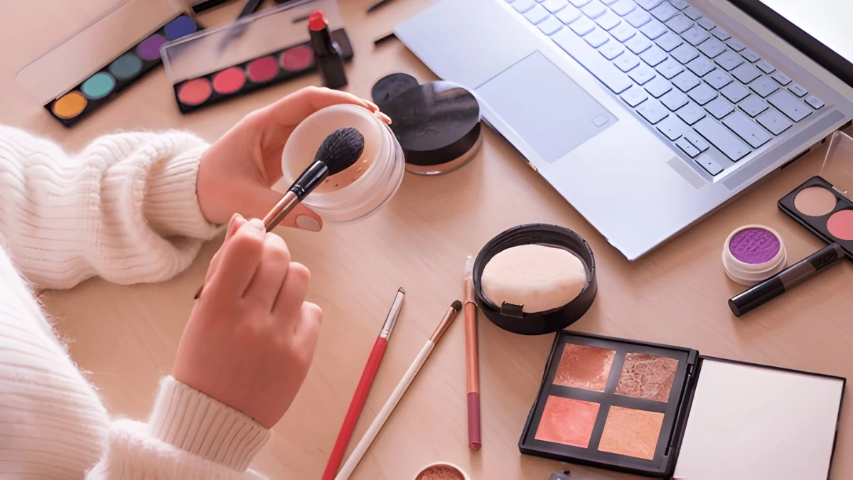 woman learning makeup by online training